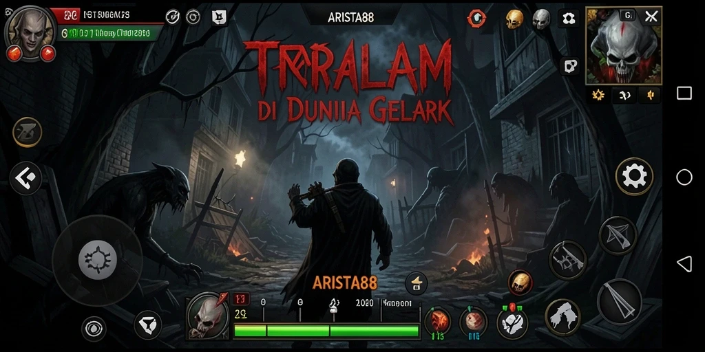 Tangkapan layar gameplay ARISTA88 dengan suasana mencekam dan karakter menyeramkan.