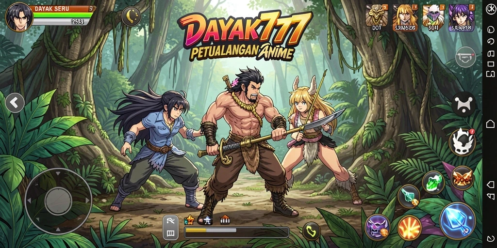 Screenshot utama DAYAK777 menampilkan aksi seru karakter anime.