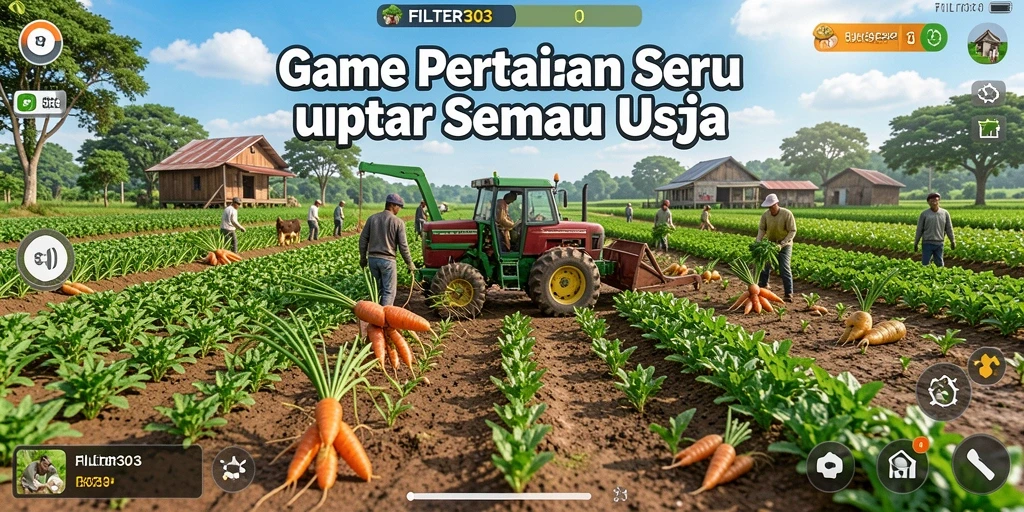 Gambar gameplay FILTER303 yang menunjukkan ladang hijau dan hasil panen melimpah.