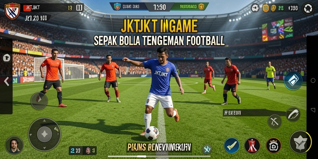 Tampilan gameplay yang mendebarkan dalam JKTJKT dengan aksi sepak bola yang intens.