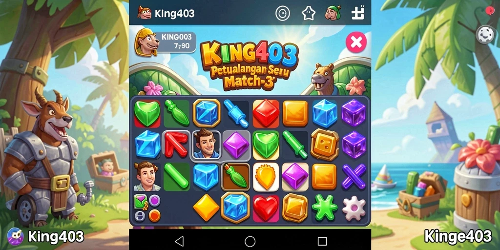 Gameplay KING403 menampilkan suasana petualangan seru dalam permainan Match-3.