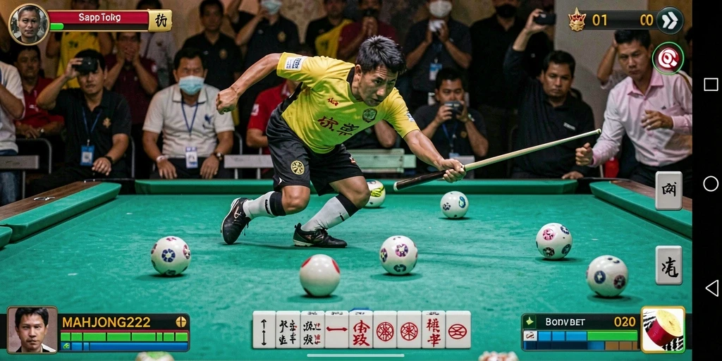 Screenshot gameplay <strong>MAHJONG222</strong> menampilkan momen seru pertandingan sepak bola.