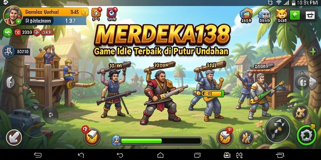 Tampilan gameplay MERDEKA138 yang menggembirakan dengan elemen idle.
