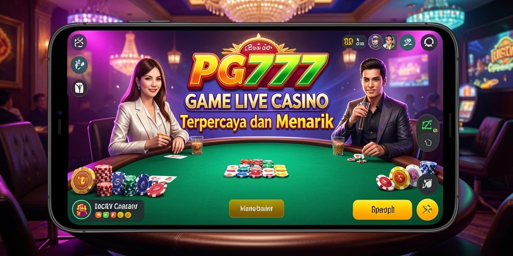 Screenshot gameplay PG777 menampilkan dealer langsung dan suasana kasino yang nyata.