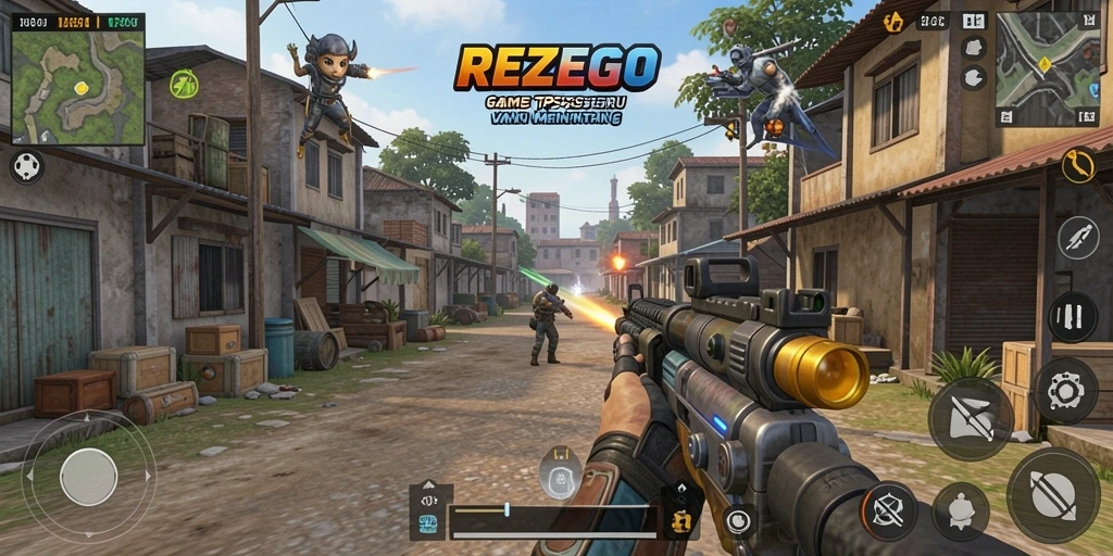 Screenshot gameplay REZEGO dengan aksi pertempuran yang mendebarkan.