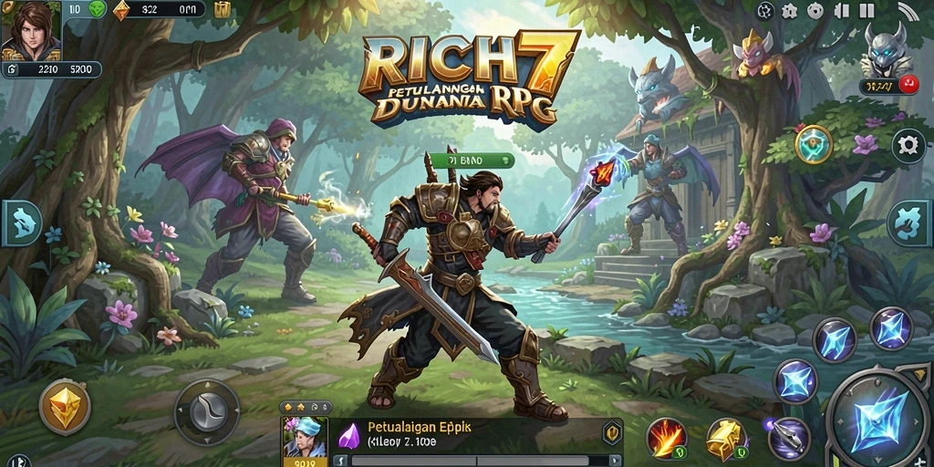 Screenshot gameplay RICH7 yang menampilkan pertarungan seru di dunia RPG.