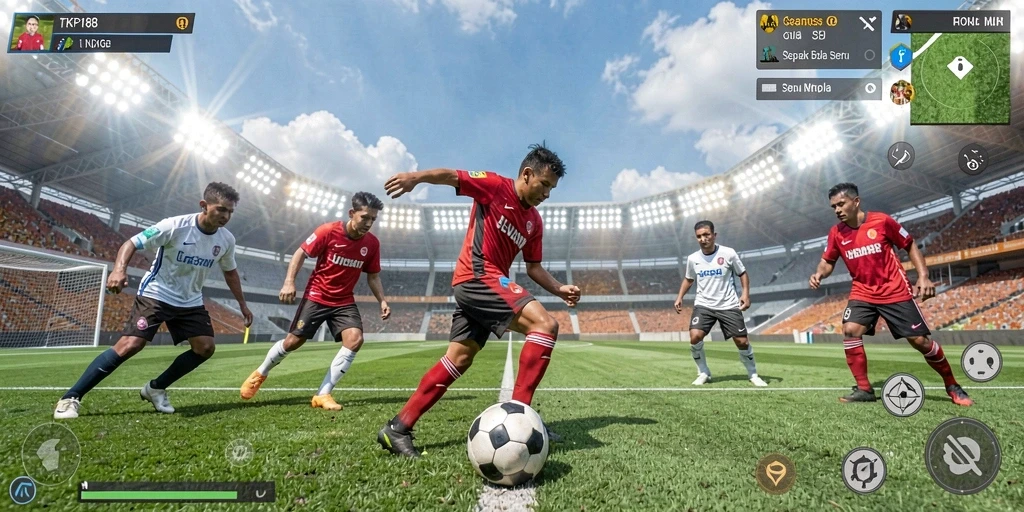 Tangkapan layar gameplay TKP188 dengan aksi sepak bola yang mendebarkan.