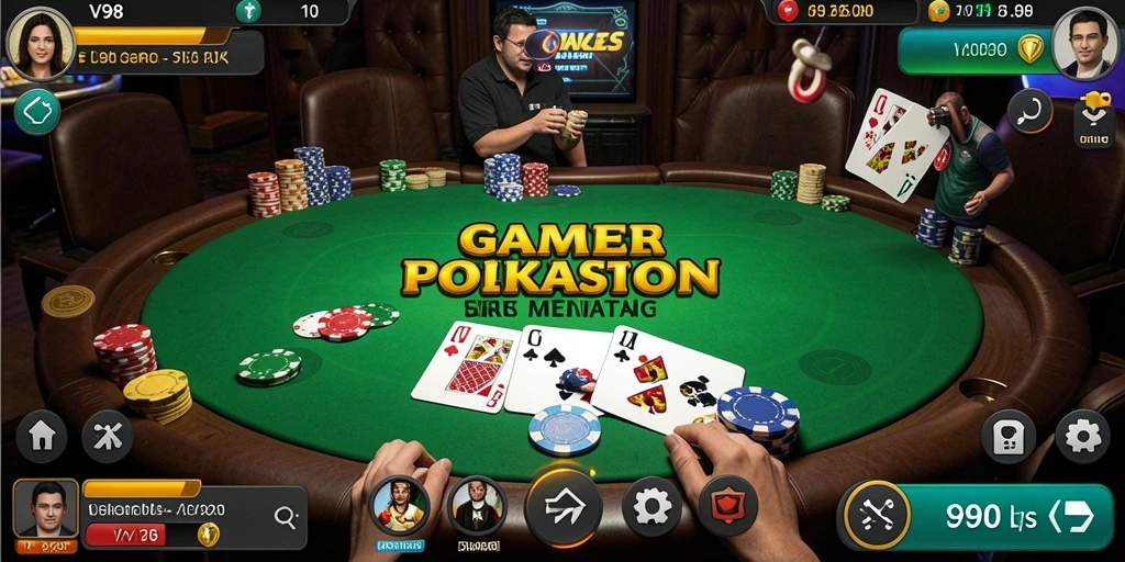 Tampilan screenshot V98 dengan aksi permainan Poker yang seru.