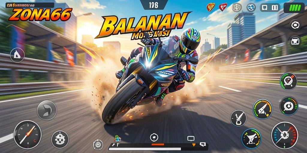 Gameplay seru ZONA66 dengan motor balap yang cepat.